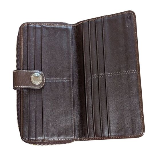 Coach Brown Signature Wallet logo canvas leather trim brown design secure clasp - Picture 9 of 11
